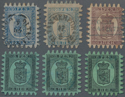 Finnland: 1866/1874 (ca.), Lot Of Six Rouletted Stamps: 5p.purple-brown, 20p. Blue (2), 8p. Black On - Gebruikt