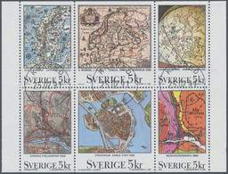 Schweden: 1991, Swedish Maps (1572 To 1989) Set In A Lot With About 700 Complete Booklet Panes All F - Used Stamps