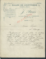 LETTRE COMMERCIALE DE 1912 J PARIS SALON DE COIFFURES POSTICHES PARFUMERIE À ANGOULÊME : - Droguerie & Parfumerie