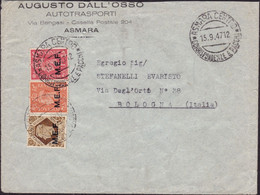 442 * Lettera Di Posta Aerea Da Asmara Del 15.9.47 Per Bologna, Affrancata Con M.E.F. P. 1 + 2 + S. 1. Bella Tricolore, - Britische Bes. MeF