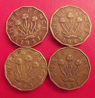 Grande-Bretagne. Lot De 4 Pièces : 3 Pence. 1937, 1943. Georges VI - Autres & Non Classés