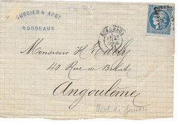 1871 BORDEAUX - CURCIER ET ADET POUR H. EDELY A ANGOULEME - CERES 20C NON DENTELE SUR FRAGMENT - 1871-1875 Ceres