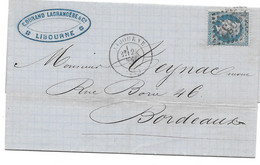 1870 LIBOURNE - DURAND LAGRANGERE POUR TEYNAC NEVEU RUE BORIE A BORDEAUX - L.A.S. LETTRE NAPOLEON 20C - 1863-1870 Napoleon III With Laurels