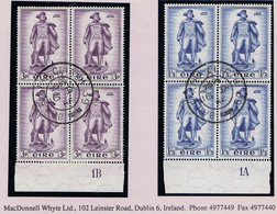 Ireland 1956 Barry Set In Marginal Blocks Of 4 With Plate Number Used Cds BAILE ATHA CLIATH 16 IX 56 - FDC