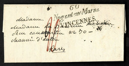 France Marque Postale Double Cursive "60 Nogent Sur Marne Vincennes" (1823) + Taxe20 Manuscrite Rouge, Ind 15. TB - 1801-1848: Precursors XIX