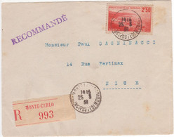 MONACO Timbre 2F50 Vue Aérienne (Dallay 183) Rare Seul / Devant De Lettre Recommandée Monte-Carlo  1939 > Nice - Storia Postale