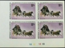 MALDIVE ISLANDS 1979 Rowland Hill Stagecoach 2L CORNER IMPERF.4-BLOCK - Maldives (1965-...)