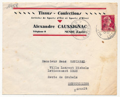 FRANCE - Env. En-tête "Tissus Confection Alexandre CAUSSIGNAC - MENDE (Lozère) " -  Obl 958  S/ 15F Muller - 1950 - ...