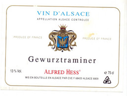 Etiket Etiquette - Vin Wijn - D'Alsace - Gewurztraminer - Alfred Hess - Gewürztraminer