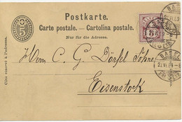 SCHWEIZ "BASEL / BRF. EXP." K2 5 C GA-Postkarte M. 5 C Braunkarmin Zusatzfr 1889 - Cartas & Documentos