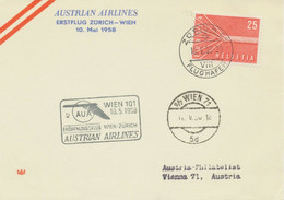 SCHWEIZ 1958, AUA Kab.-Erstflug „ZÜRICH – WIEN“, Selten - First Flight Covers
