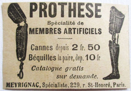 PUB 1916 PROTHESE MEMBRES ARTIFICIELS CANNES BEQUILLES MEYRIGNAC RUS SAINT HONORE PARIS MATERIEL MEDICAL - Attrezzature Mediche E Dentistiche