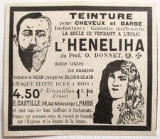 PUB 1914 TEINTURE POUR CHEVEUX ET BARBE L HENELIHA E. CASTILLE BD SEBASTOPOL PARIS COIFFEURS PARFUMEURS - Beauty Products