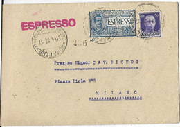 8-ESPRESSO LIRE 1,25(AZZURRO)+50 CENT.IMPERIALE CON TIMBRO POSTA PNEUMATICA MILANO 21-4-1934 - Correo Neumático