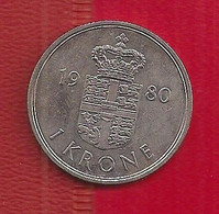 DANEMARK 1 KRONE - 1980 - Danimarca