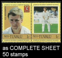 CV:€8,20 TUVALU-NUI 1985 Cricket S.C.Goldsmith 1c Se-tenant COMPLETE SHEET:50 Stamps - Tuvalu