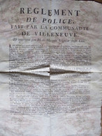 VILLENEUVE LES BEZIERS 1783: Réglement De Police...affiche 36x45 Cm.    état ,voir Photos. - Historical Documents