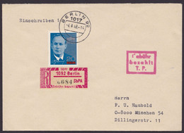 Einschreibmarke: 1 Cy "1092 Berlin", R-Brief  Nach München Mit "T.P."-Stempel 4.4.68 - Covers & Documents