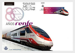 ESPAGNE SPANIEN SPAIN ESPAÑA 2021 80th ANNIVERSARY RAILWAYS RENFE FDC ED 5455 MI 5499 YT 5209 SC 4490 SG 5455 - Usati