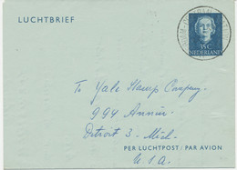 NIEDERLANDE 1953 Queen Juliana 35C Blue Air Letter AMSTERDAM – DETROIT, Michigan - Luchtpost