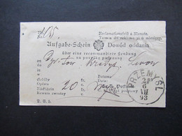 Österreich / Polen 1893 Aufgabe Schein über Eine Recommandirte Sendung Stempel K1 Przemysl - Covers & Documents