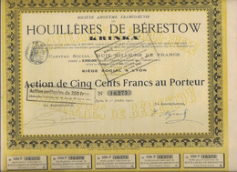 HOUILLERES DE BERESTOW -KRINKA -LOT DE 2 ACTIONS DE CINQ CENTS FRANCS - ANNEE 1901 - Mijnen