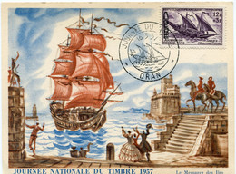 ALGERIE CARTE MAXIMUM DU N°342 JOURNEE DU TIMBRE AVEC OBLITERATION ILLUSTREE ORAN 16-3-57 - Maximumkaarten