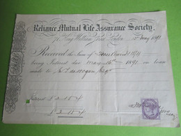 Reçu D'assurance Vie/RELIANCE MUTUAL LIFE ASSURANCE SOCIETY/Three Pounds/avec Timbre Fiscal/1891                  BA75 - Unclassified