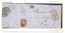 REF3426/ TP 12A S/LAC C.Anvers 1860 + P4 > Ambt Midi 1 + Entrée Belg- Valenciennes 5 > France Paris C.d'arrivée - Postmarks - Lines: Perceptions