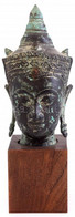 Buddha Fej Szobor. Patinázott Fém, Fa Talapzaton. 24 Cm - Other & Unclassified