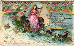 T3/T4 1903 Ich Glaube Die Wellen Verschlingen... / Siren With Harp. Art Nouveau, Floral, Litho (szakadások / Tears) - Sin Clasificación