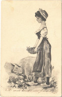 T2/T3 1903 Art Nouveau Lady With Pig. M. Raschka Signed Raphael Kirchner, B.R.W. 382. (EK) - Sin Clasificación