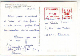 MARCOPHILIE . AUTOMATION . OBLITERATION ROUGE REIMS  Et MARQUE PHOSPHORESCENTE Rouge Sur Carte Postale Pour La BELGIQUE - Cartas & Documentos