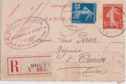 Bt - Carte Lettre, Entier Postal - CAD Bannalec, 9 Avril 1910, Recommandé - Huissier Félix Causeur à Brest - Kartenbriefe