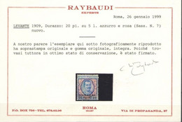 DURAZZO 1909 SASSONE N. 7 ** MNH CENTRATA CERT. RAYBAUDI - European And Asian Offices