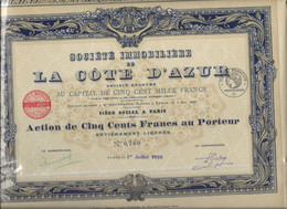 SOCIETE IMMOBILIERE DE LA COTE D'AZUR - ACTION DE 500 FRS -DIVISE EN 1000 ACTIONS -ANNEE 1926 - Autres & Non Classés