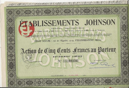 ETABLISSEMENT JOHNSON  - VILLEURBANNE - 2 ACTIONS DE CINQ CENT FRANCS -ANNEE 1920 - Andere & Zonder Classificatie