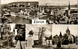6217 - Schweiz - Zürich , Pfalzgasse , Hans Waldmann Denkmal Mit Grossmünster , Landesmuseum , Mehrbildkarte - Gelaufen - Wald