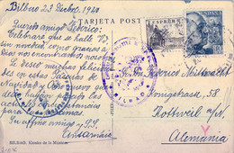1938 VIZCAYA , TARJETA POSTAL CIRCULADA , BILBAO - ROTTWEIL , CENSURADA , KIOSKO DE LA MÚSICA - Storia Postale