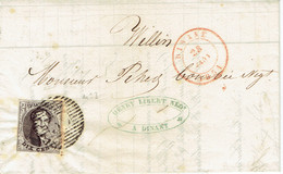 LAC De Bruxelles Vers Wellin Du 28 Janvier 1851 N°3 Brun 10c  Dinant En Rouge  Wellin Au Verso - 1851-1857 Medallones (6/8)