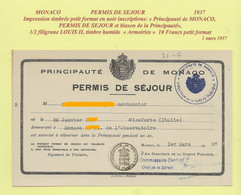 FISCAUX  MONACO TRES RARE PERMIS DE SEJOUR DE 1937  Petit TIMBRE à 10 Francs "blason" 1/2 Filigrane LOUIS II - Fiscales