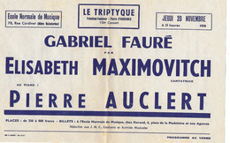 1958 PARIS ECOLE DE MUSIQUE - PROGRAMME FAURE AVEC MAXIMOVITCH ET AUCLERT - Advertising