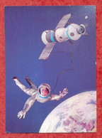 H3-Postcard-Space Girl Cosmonaut Astronaut  Near Planet With Satellite USSR CCCP Soviet Union Space Race - Astronomy