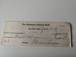 CHEQUE / CHECK : THE HUNTINGTON NATIONAL BANK OF COLUMBUS 1939 - Otros – América
