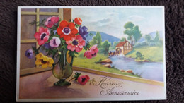 CPSM HEUREUX ANNIVERSAIRE BOUQUET DE FLEURS MOULIN A EAU - Anniversaire