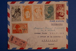 K17 AOF COTE D IVOIRE BELLE LETTRE RECOM. 1947 PAR AVION ABIDJAN POUR AURILLAC + AFFRANCH PLAISANT - Lettres & Documents