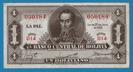 BOLIVIA 1 Boliviano  L. 20.07.1928 Série# D14 050184 P# 128a  Simón Bolívar - Bolivie