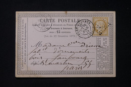 FRANCE - Carte Précurseur De Pont Audemer Pour Paris En 1875, Affranchissement Cérès 15ct - L 88959 - Vorläufer