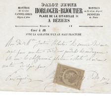 1881 BEZIERS - HORLOGER BIJOUTIER PALOT JEUNE - 31 PLACE DE LA CITADELLE - RECU POUR MME CLASTRE - Publicidad