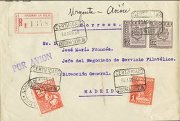 Sobre 54, 55(2), 58. 1950. 1 Pts Rojo, 1'35 Pts Violeta, Dos Sellos Y 25 Cts Rojo. Certificado De ANDORRA LA VIEJA A MAD - Other & Unclassified